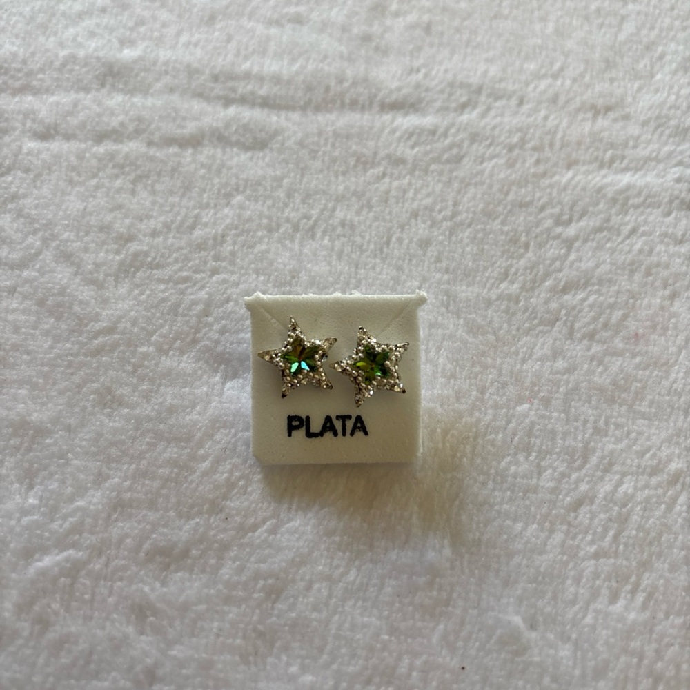 Star Shaped Earrings with Green Multicolored Gem
